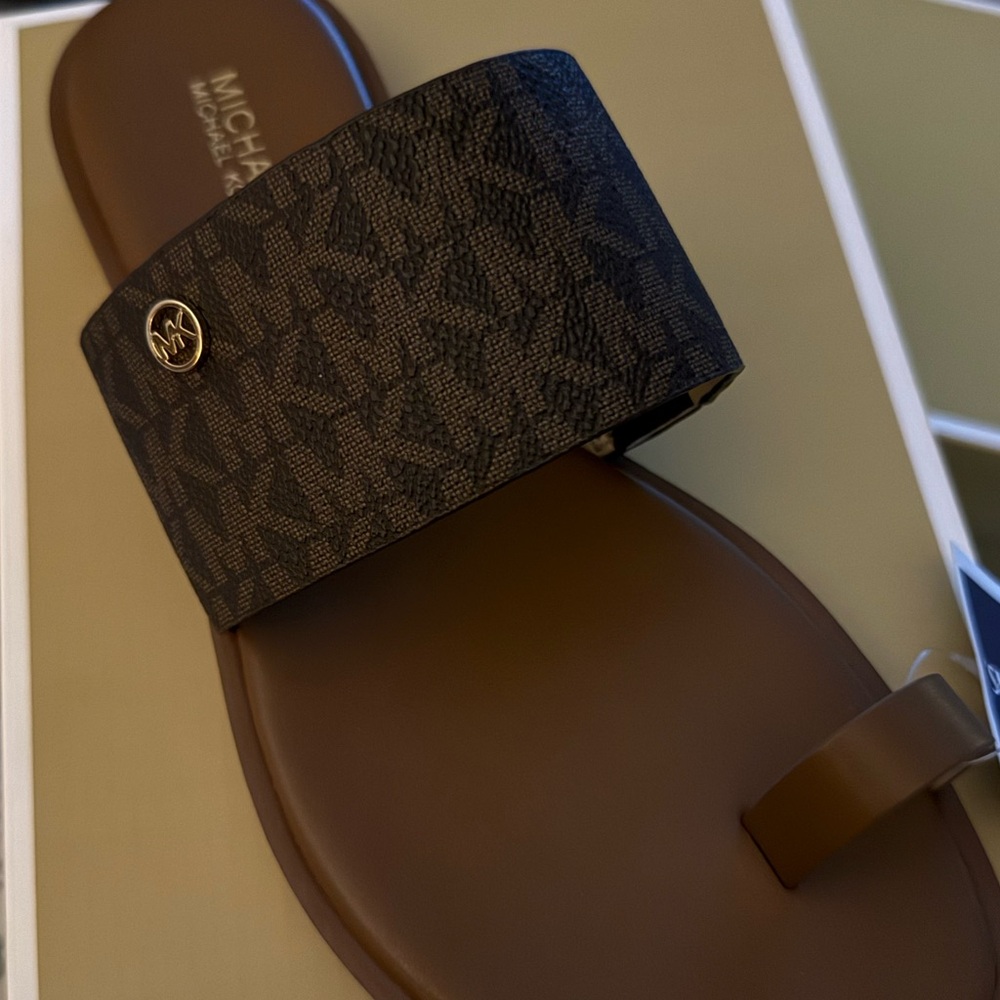 Michael Kors Brown MK Logo Toe-Ring Slide Sandal